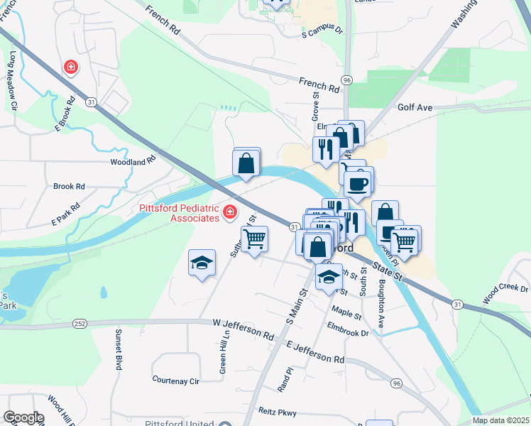 map of restaurants, bars, coffee shops, grocery stores, and more near 44 Monroe Avenue in Pittsford