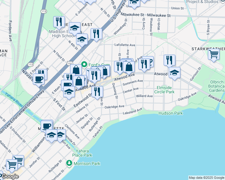 map of restaurants, bars, coffee shops, grocery stores, and more near 2133 Sommers Avenue in Madison