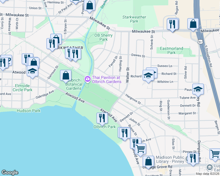 map of restaurants, bars, coffee shops, grocery stores, and more near 3473 Hargrove Street in Madison