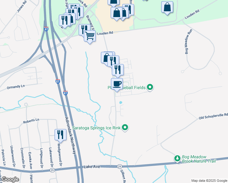 map of restaurants, bars, coffee shops, grocery stores, and more near 31 Weibel Avenue in Saratoga Springs