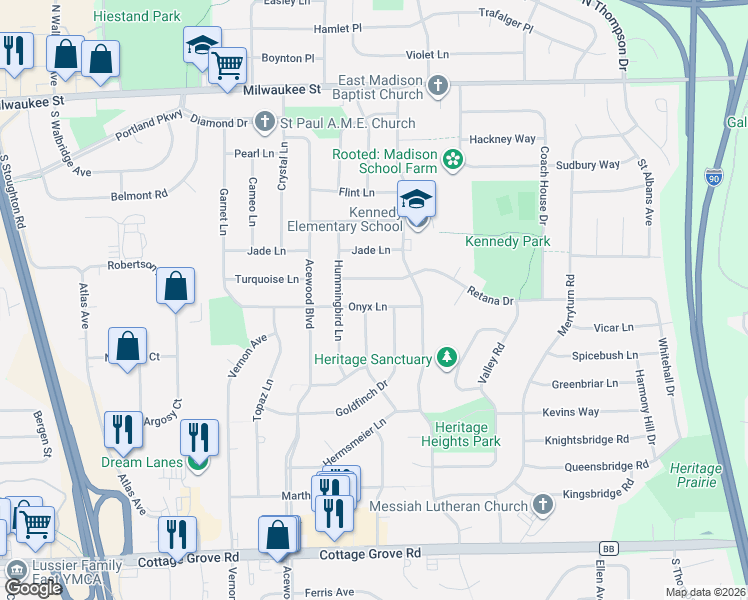 map of restaurants, bars, coffee shops, grocery stores, and more near 4802 Onyx Lane in Madison