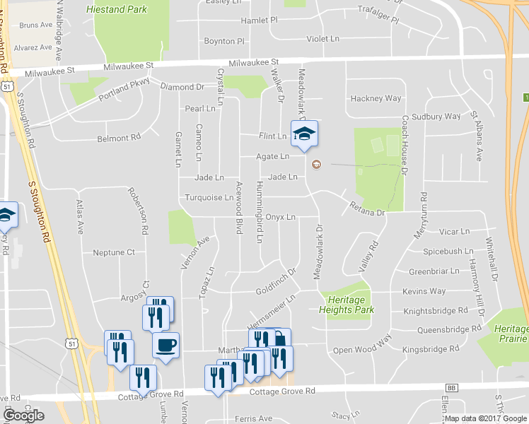 map of restaurants, bars, coffee shops, grocery stores, and more near 4702 Onyx Lane in Madison