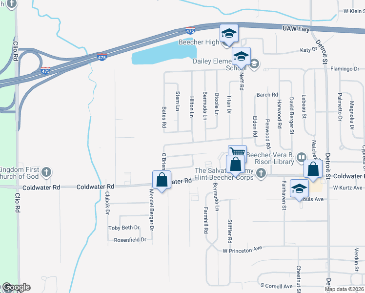 map of restaurants, bars, coffee shops, grocery stores, and more near 2149 O’Brien Road in Mount Morris