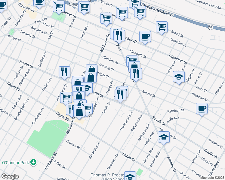 map of restaurants, bars, coffee shops, grocery stores, and more near 1015 George Place in Utica