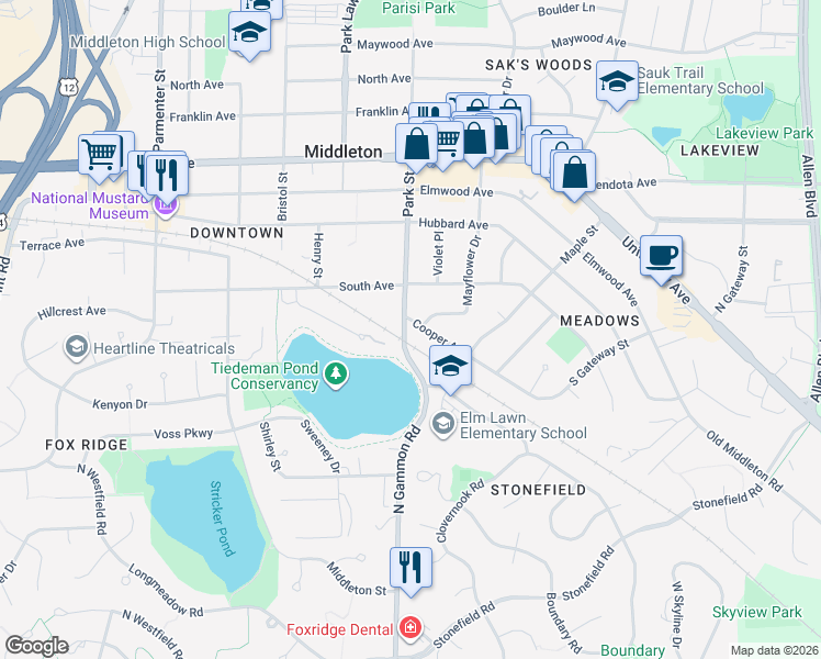 map of restaurants, bars, coffee shops, grocery stores, and more near 1607 Park Street in Middleton