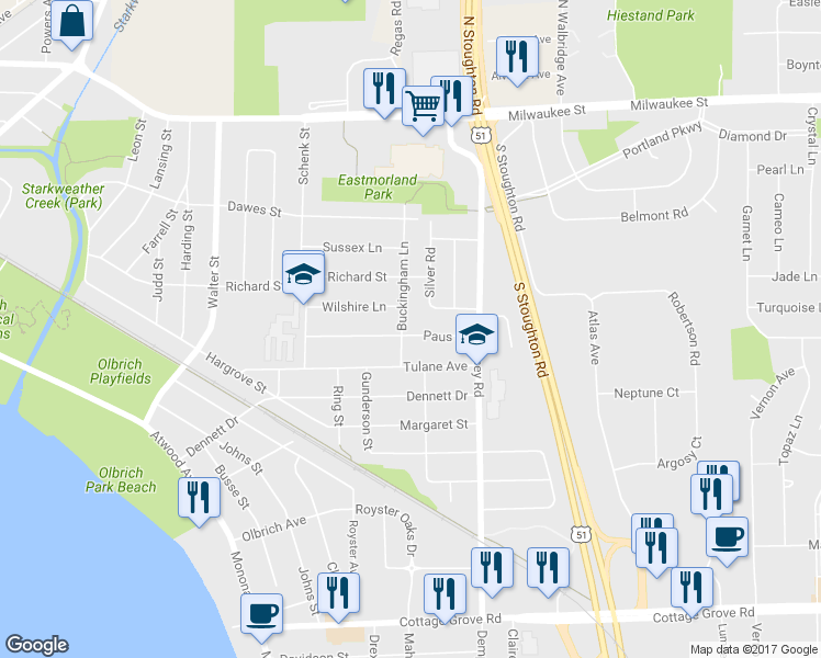 map of restaurants, bars, coffee shops, grocery stores, and more near 3802 Paus Street in Madison