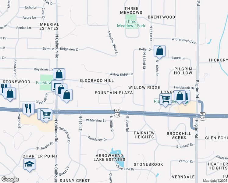 map of restaurants, bars, coffee shops, grocery stores, and more near 4110 Fountain Plaza Drive in Brookfield