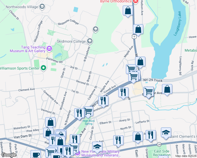 map of restaurants, bars, coffee shops, grocery stores, and more near 118 Catherine Street in Saratoga Springs