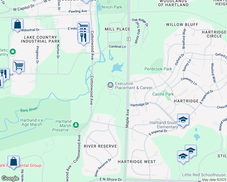 map of restaurants, bars, coffee shops, grocery stores, and more near 736 River Reserve Drive in Hartland