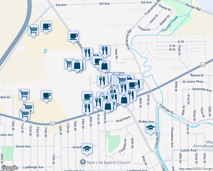 map of restaurants, bars, coffee shops, grocery stores, and more near 1370 Military Road in Niagara Falls