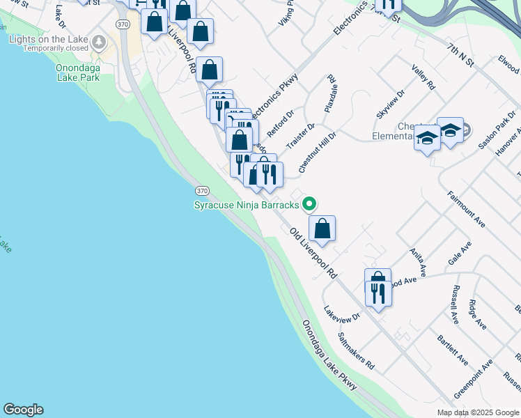 map of restaurants, bars, coffee shops, grocery stores, and more near 643 Old Liverpool Road in Liverpool