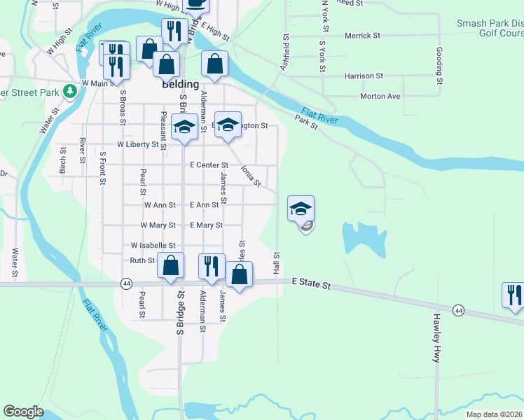 map of restaurants, bars, coffee shops, grocery stores, and more near 427 East Ann Street in Belding