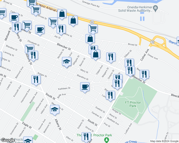 map of restaurants, bars, coffee shops, grocery stores, and more near 1328 Mary Street in Utica