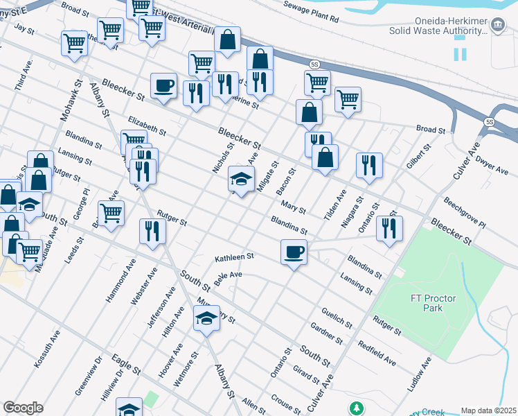 map of restaurants, bars, coffee shops, grocery stores, and more near 1209 Blandina Street in Utica