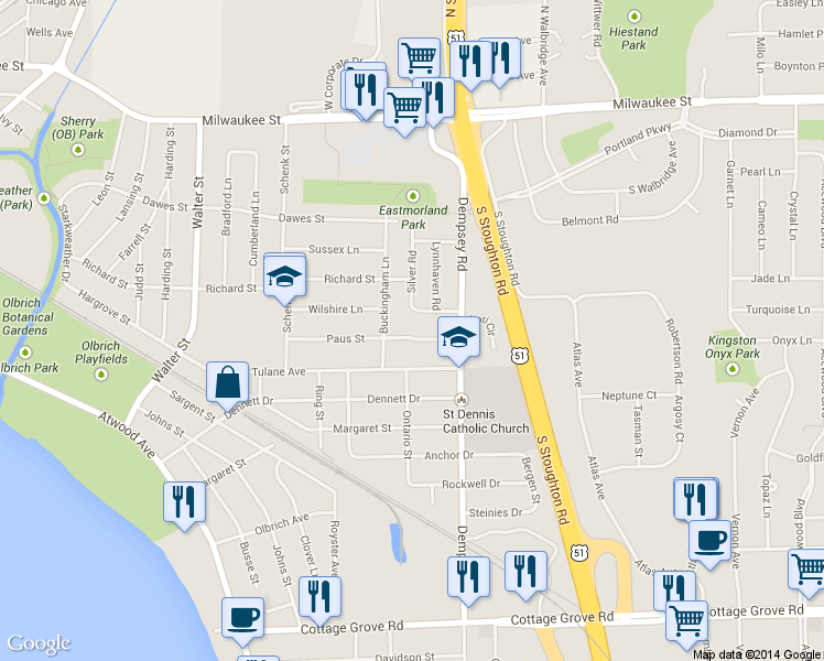 map of restaurants, bars, coffee shops, grocery stores, and more near 3802 Paus Street in Madison