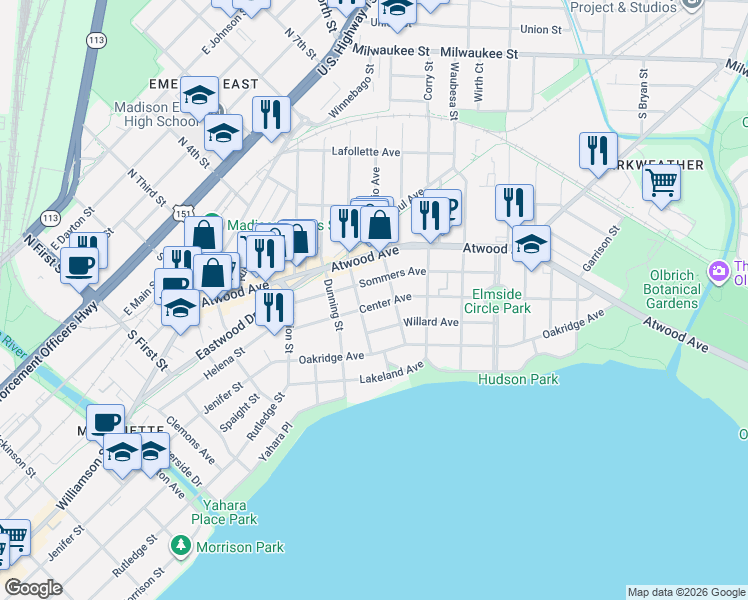 map of restaurants, bars, coffee shops, grocery stores, and more near 2315 Center Avenue in Madison