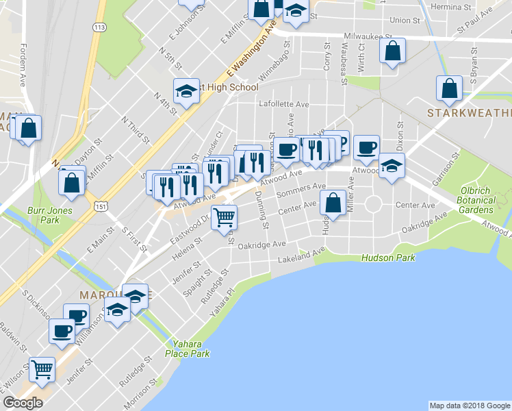 map of restaurants, bars, coffee shops, grocery stores, and more near 2202 Center Avenue in Madison