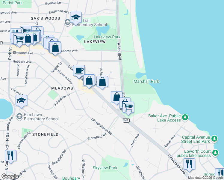 map of restaurants, bars, coffee shops, grocery stores, and more near 2050 Allen Boulevard in Middleton
