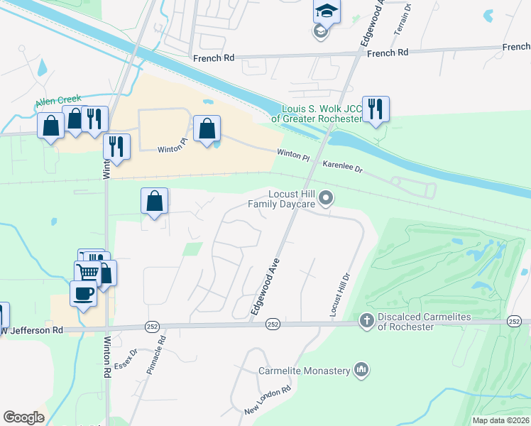 map of restaurants, bars, coffee shops, grocery stores, and more near 16 Jenna Way in Rochester