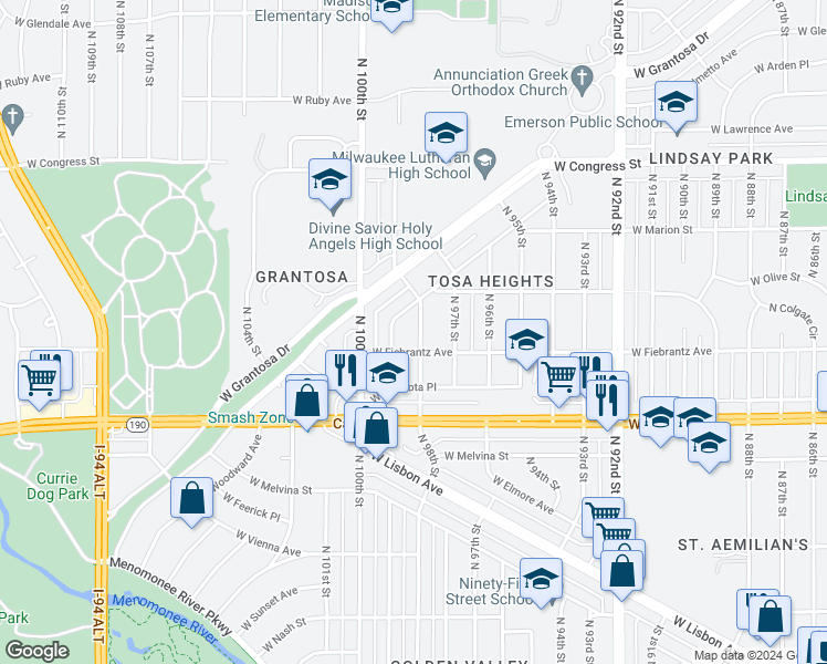 map of restaurants, bars, coffee shops, grocery stores, and more near 4121 North 98th Street in Wauwatosa