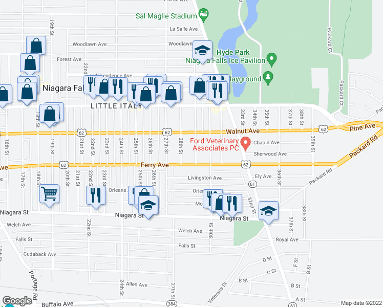 map of restaurants, bars, coffee shops, grocery stores, and more near 524 29th Street in Niagara Falls