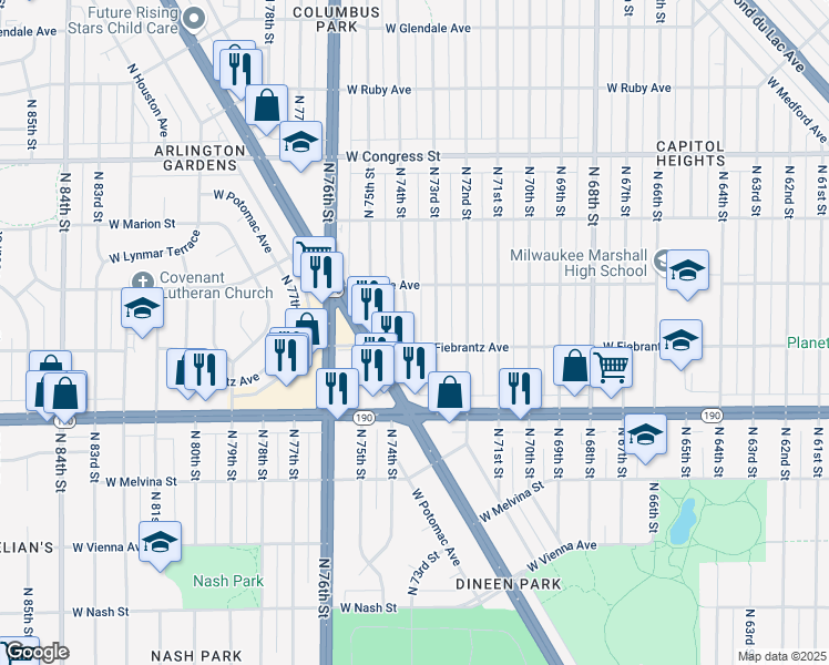 map of restaurants, bars, coffee shops, grocery stores, and more near 4103 North 73rd Street in Milwaukee