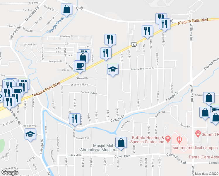 map of restaurants, bars, coffee shops, grocery stores, and more near 1319 95th Street in Niagara Falls