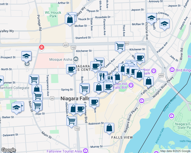 map of restaurants, bars, coffee shops, grocery stores, and more near 5132 Magdalen St in Niagara Falls