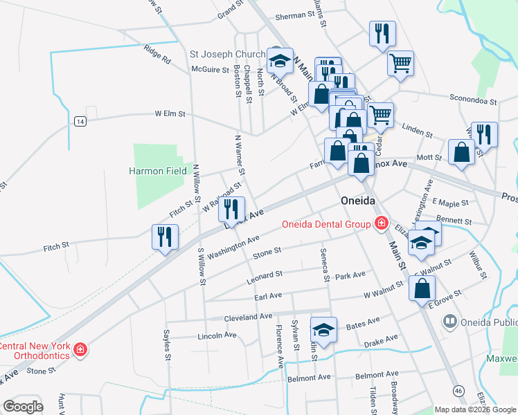 map of restaurants, bars, coffee shops, grocery stores, and more near 343 New York 365A in Oneida