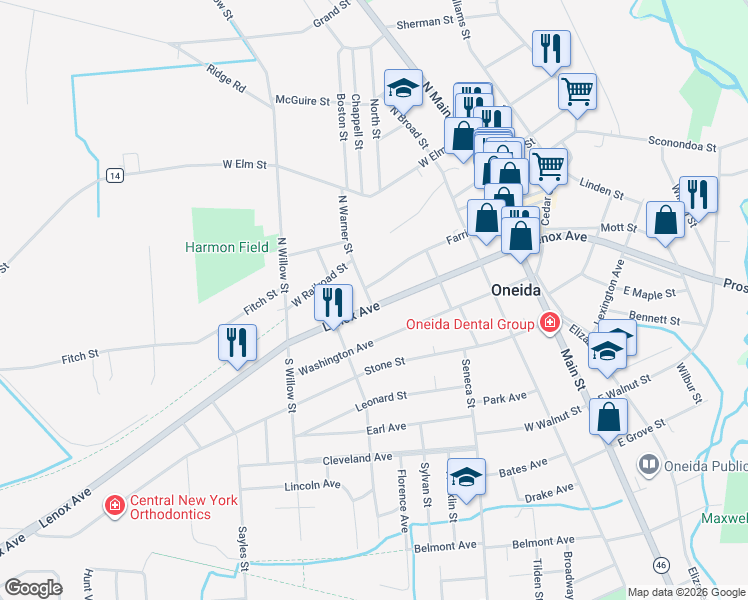 map of restaurants, bars, coffee shops, grocery stores, and more near 343 New York 365A in Oneida