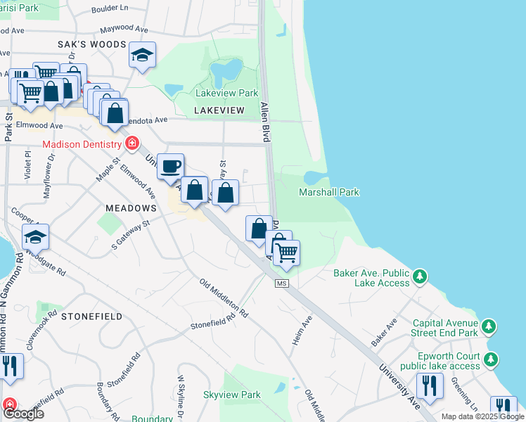 map of restaurants, bars, coffee shops, grocery stores, and more near 2070 Allen Boulevard in Middleton