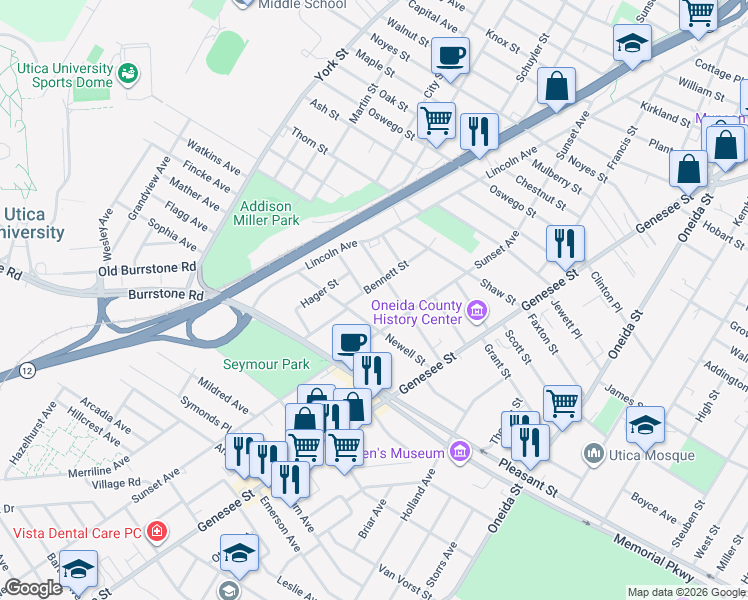 map of restaurants, bars, coffee shops, grocery stores, and more near 1644 Sunset Avenue in Utica