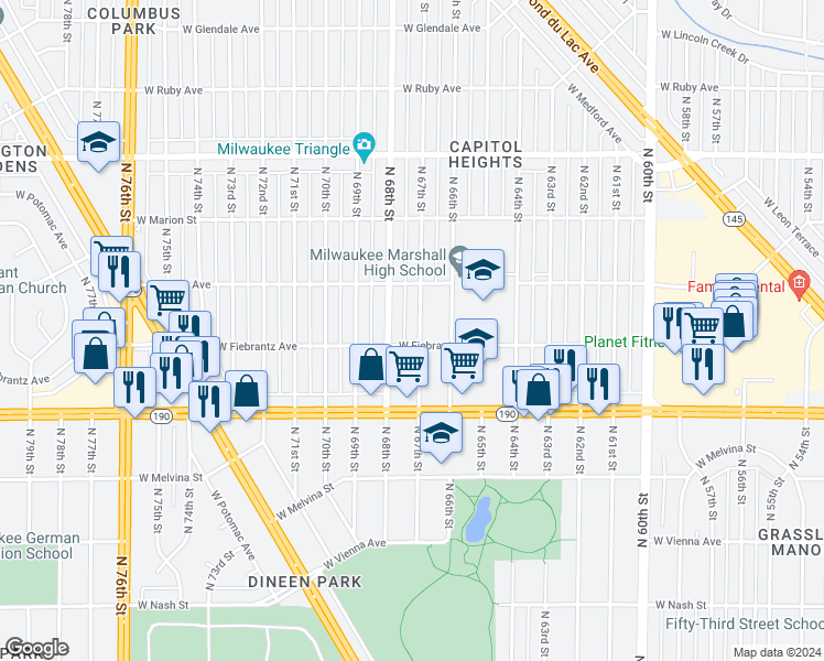 map of restaurants, bars, coffee shops, grocery stores, and more near 4117 North 67th Street in Milwaukee