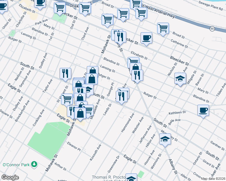 map of restaurants, bars, coffee shops, grocery stores, and more near 1015 George Place in Utica