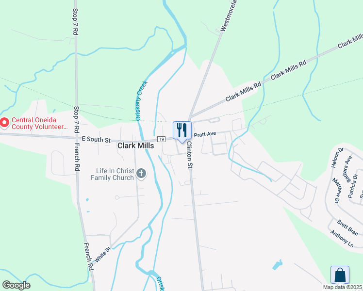 map of restaurants, bars, coffee shops, grocery stores, and more near 4865 Clinton Street in Clark Mills