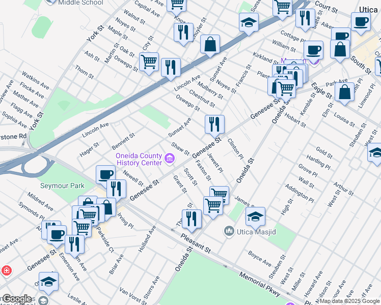 map of restaurants, bars, coffee shops, grocery stores, and more near in Utica