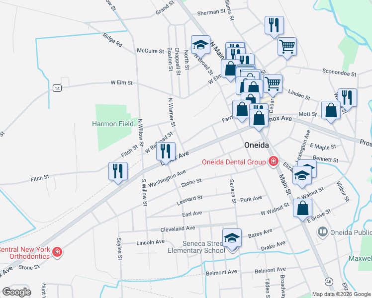 map of restaurants, bars, coffee shops, grocery stores, and more near 343 New York 365A in Oneida