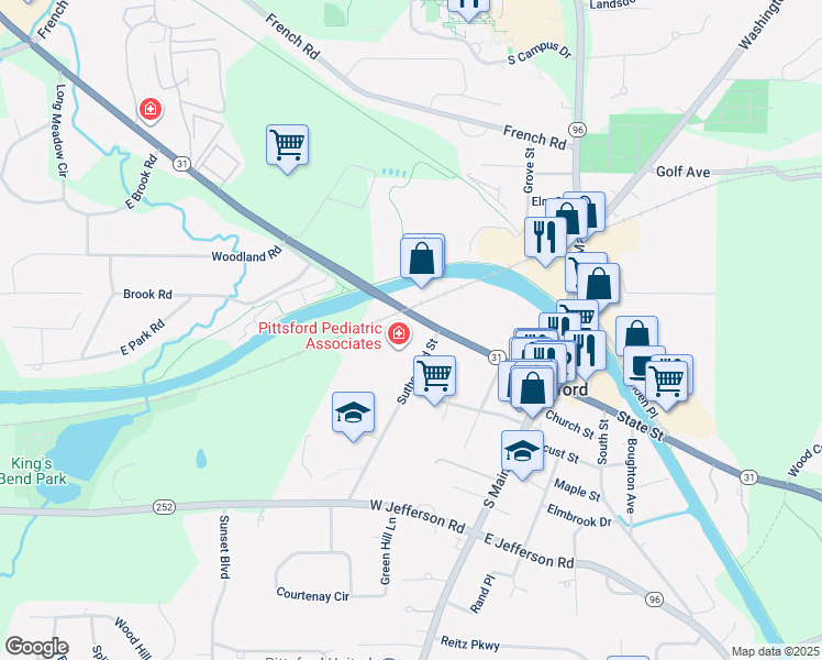 map of restaurants, bars, coffee shops, grocery stores, and more near 5 Sutherland Street in Pittsford