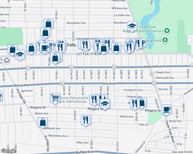 map of restaurants, bars, coffee shops, grocery stores, and more near 514 25th Street in Niagara Falls