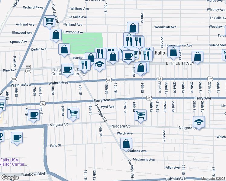 map of restaurants, bars, coffee shops, grocery stores, and more near 521 16th Street in Niagara Falls