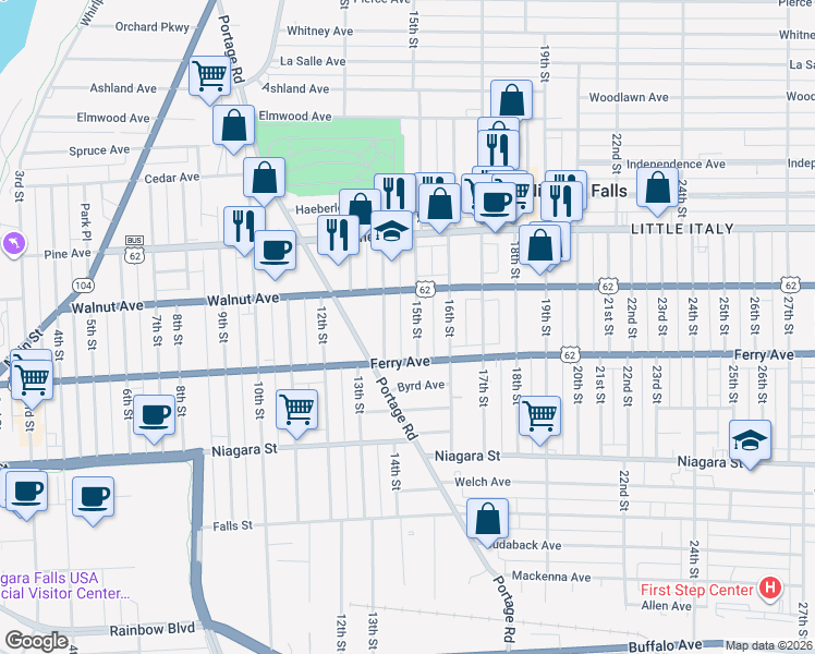 map of restaurants, bars, coffee shops, grocery stores, and more near 516 15th Street in Niagara Falls