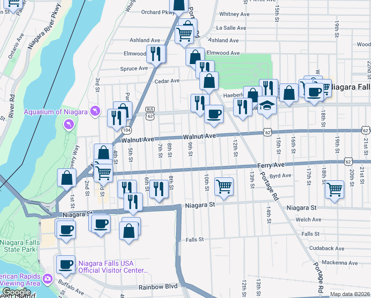 map of restaurants, bars, coffee shops, grocery stores, and more near 537 9th Street in Niagara Falls