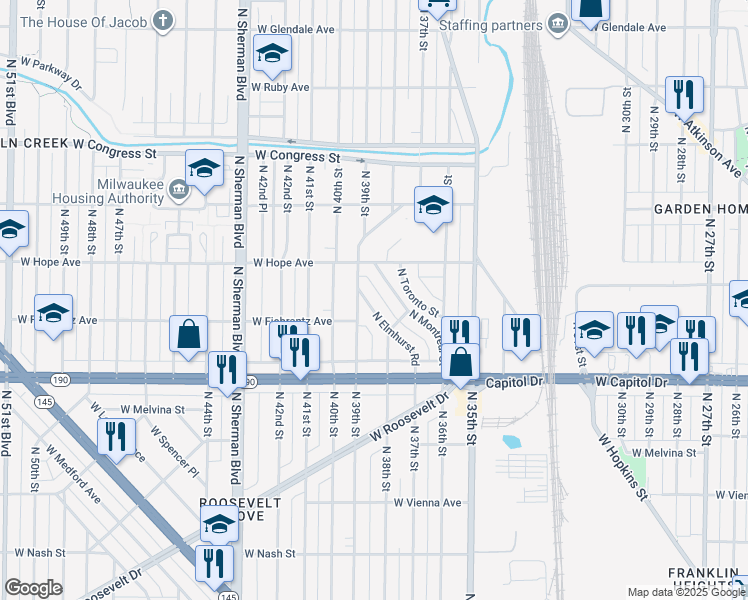 map of restaurants, bars, coffee shops, grocery stores, and more near 4131 North Elmhurst Road in Milwaukee
