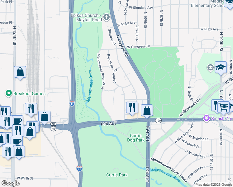 map of restaurants, bars, coffee shops, grocery stores, and more near 4115 North 110th Street in Wauwatosa