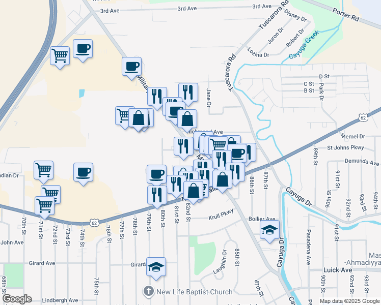 map of restaurants, bars, coffee shops, grocery stores, and more near 1370 Military Road in Niagara Falls