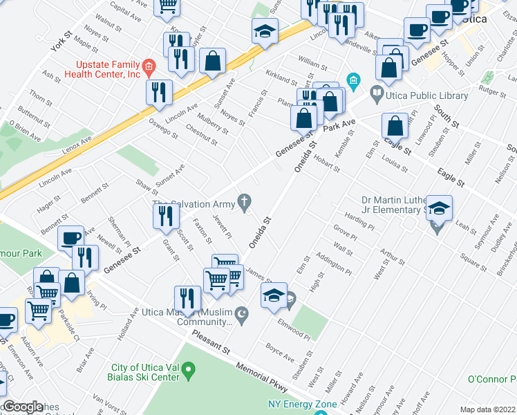 map of restaurants, bars, coffee shops, grocery stores, and more near 19 Clinton Place in Utica