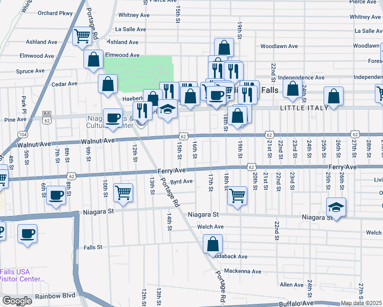 map of restaurants, bars, coffee shops, grocery stores, and more near 521 16th Street in Niagara Falls