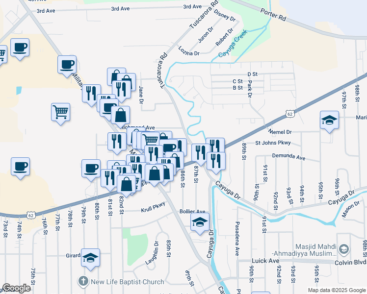 map of restaurants, bars, coffee shops, grocery stores, and more near 1400 Tuscarora Road in Niagara Falls