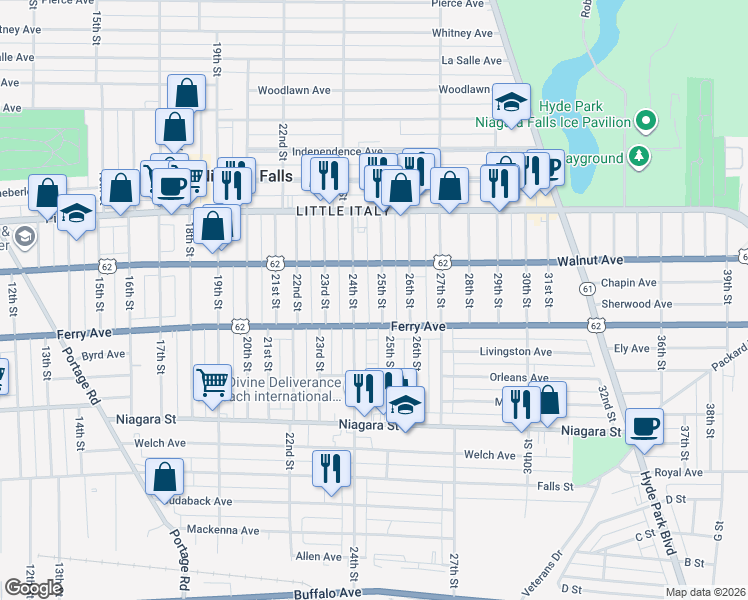 map of restaurants, bars, coffee shops, grocery stores, and more near 514 25th Street in Niagara Falls