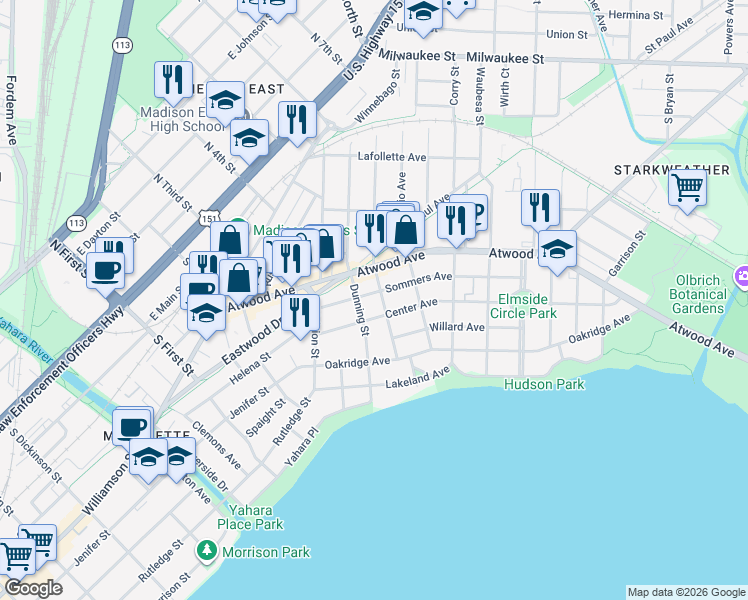 map of restaurants, bars, coffee shops, grocery stores, and more near 2213 Sommers Avenue in Madison